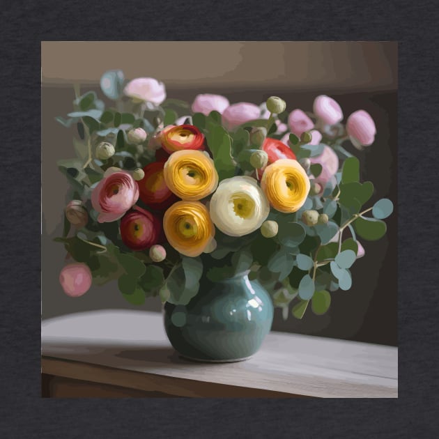 Ranunculus Flowers and Eucalyptus Leaves Still Life Painting by bragova